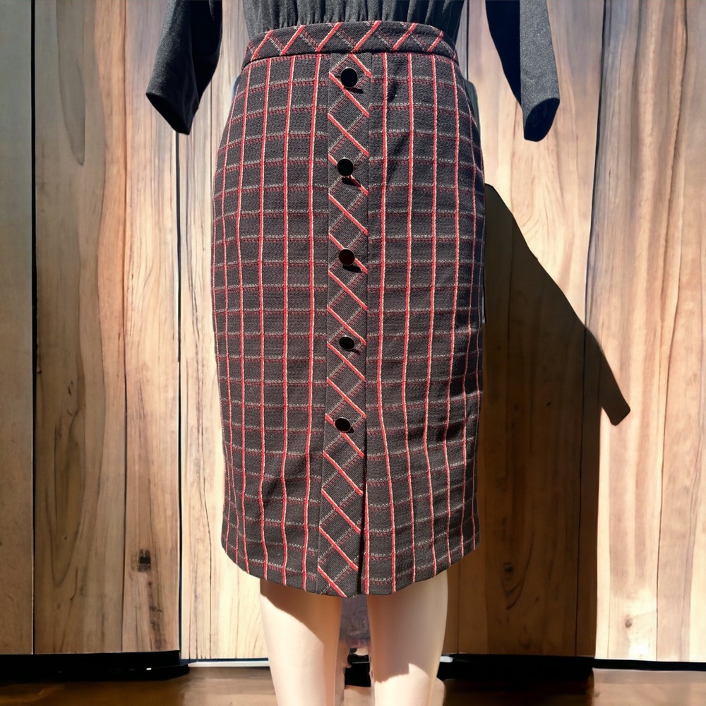 Ann Taylor Plaid Tweed Pencil Midi Skirt Black Red Button Detail Size M - Picture 3 of 10